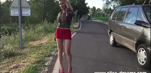 Flashing in public on the road wearing a slut skirt